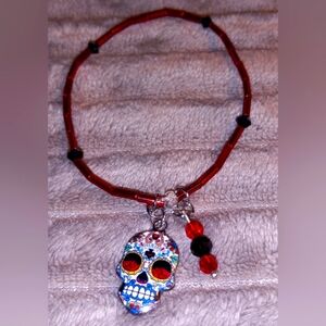 Handcrafted Sugar Skull stretch glass beaded bracelet.